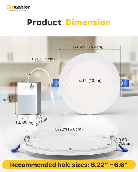 48 Pack Slick 6 Inch LED Recessed Lights Delivering Hella Bright Output With Sleek Canless Wafer Design dimensions and recommended hole sizes.