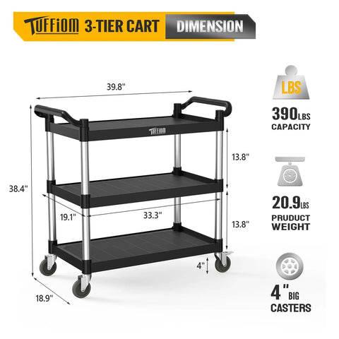 Heavy Duty Three Tier Plastic Utility Cart With Wheels, 390 lbs capacity, 39.8 x 19.1 x 38.4 inches, Tuffiom brand, shown with measurements.