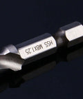 Close-up of HSS M8x1.25 drill tap bit, 3-in-1 drilling tapping chamfering tool, silver metal
