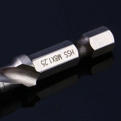 Close-up of HSS M8x1.25 drill tap bit, 3-in-1 drilling tapping chamfering tool, silver metal