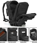 45L Military Tactical Backpack With MOLLE System open compartments showing various storage pockets and organization for hiking