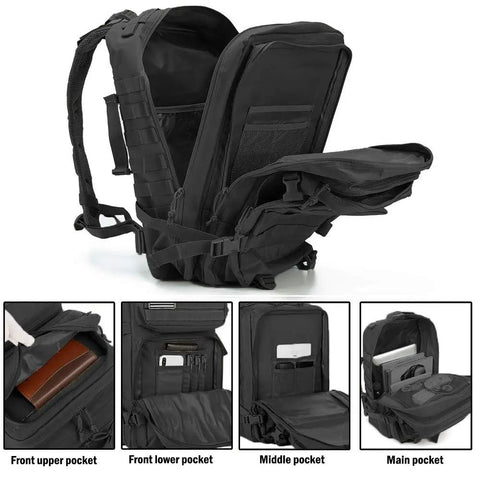 45L Military Tactical Backpack With MOLLE System open compartments showing various storage pockets and organization for hiking