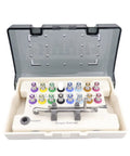 Pro Grade Prosthetic Torque Wrench And All In One Multi Driver Tool Kit For Implant Components in open case, colorful bits visible