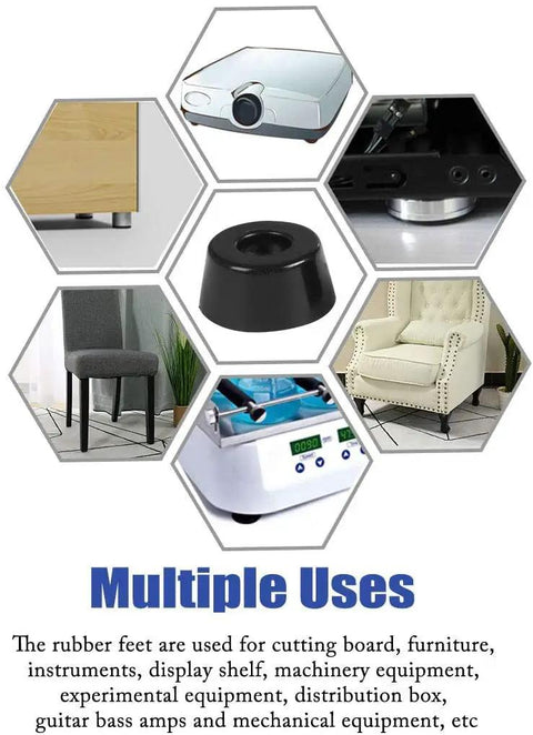 20Pcs Black Rubber Feet Bumpers For Radio Cabinets And Electronics, showing uses on furniture and electronic devices.