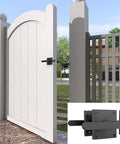 Heavy Duty Dual Handle Gate Latch mounted on a white arched gate, showing post mount automatic lever design for secure yard access.