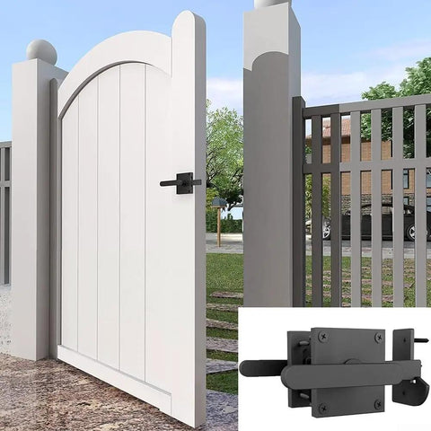 Heavy Duty Double Sided Aluminum Gate Latch For Garden Barn Fence And Pool Gates With Dual Handles Built Tough mounted on a white gate.