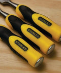 Three Piece Chisel Set With Hardened Chrome Carbon Steel Blades, Short Series For Extra Control, ergonomic handles shown