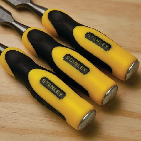 Three Piece Chisel Set With Hardened Chrome Carbon Steel Blades, Short Series For Extra Control, ergonomic handles shown