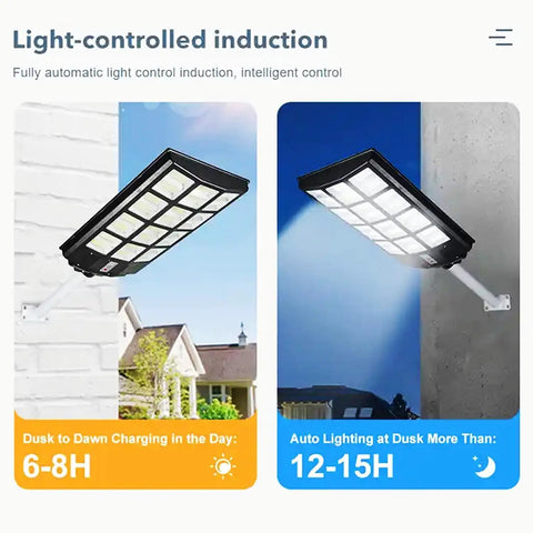 JUDYSSY Solar Street Lights Outdoor Remote Control with light-control induction feature, mounted on a wall for efficient lighting.