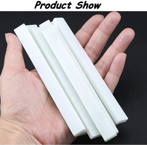 Hand holding Soapstone Pencils 27 Pack for Welding and Textile Marking, Flat White Stone Refills, durable chalk sticks.