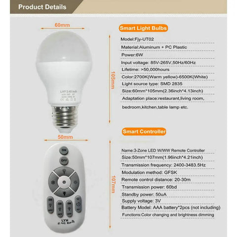 Specification sheet for Smart LED Light Bulbs With 2 4GHz Wireless Remote 3 Zone Dimmable E27 Base Adjustable Color Temperature.