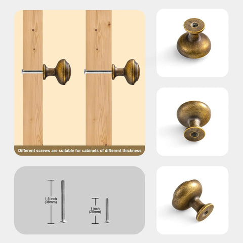 Six Pack Antique Brass Cabinet Knobs Built From Solid Zinc For A Heavy Duty Upgrade with screws and hardware details shown