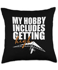 Funny Hang Glider Throw Pillow with 'My Hobby Includes Getting High' text and art, polyester fabric, hang gliding gift idea.