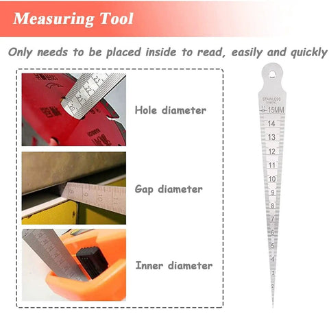 Stainless Steel Taper Gauge 1-15mm and 1/32-5/8 Inch Welding Gauge For Inch And Metric Feeler Gap Measurements, uses shown.
