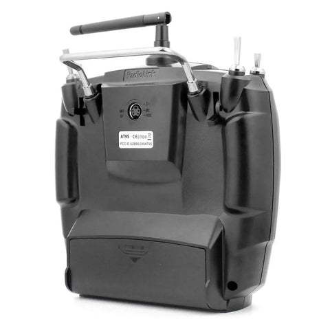 Back view of AT9S 10CH 2.4G Radio Transmitter With Handy Carry Case And Rocker Mount, black handheld RC controller.