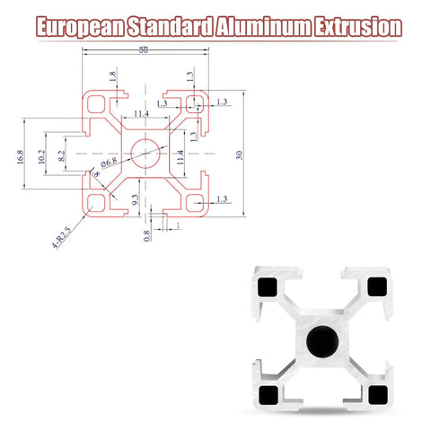 Four Pack 1000mm Silver T Slot 3030 Aluminum Extrusion Profiles 30x30mm Square Cross Section For DIY Projects And Rack Builds, Premium Aluminum Alloy, 39.4 Inch Length cross-section diagram