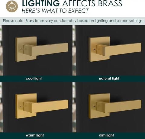 Entry Door Handle Lever And Deadbolt Combo Set With Heavy Duty Locking Levers Single Cylinder Deadbolt For Left Or Right Handed Doors Satin Brass Finish Built Tough For Home Security And Easy Installation shown under different lighting conditions.