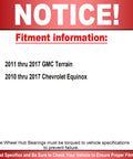 Notice with fitment information for 2010-2017 Chevy Equinox and 2010-2017 GMC Terrain, ensuring proper wheel hub bearing torque specifications.