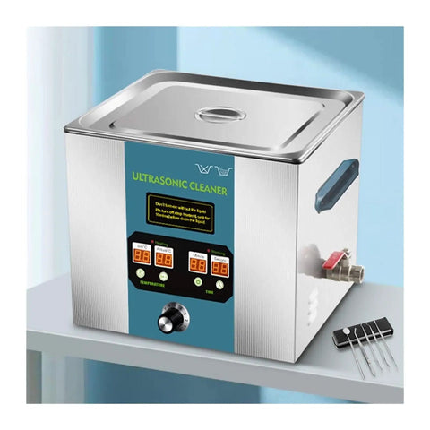 Top Shelf Ultrasonic Cleaner With 11 Liter Tank And Dual 80Khz Plus 120Khz Frequencies, stainless steel design with control panel.
