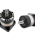 Heavy Duty Round Flange Planetary Gearbox Delivers Rock Solid Torque Conversion With Ultra Low Backlash For Motor Reducer Projects And Knockout Smooth Cruising At Four To One Ratios In Red, showing detailed side and top views.
