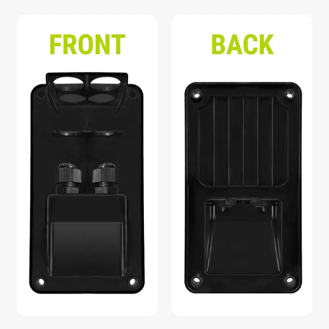 Front and back view of a Solar Double Cable Entry Gland Box Waterproof Dual Wire Connector Adapter Housing Plate ABS Mount for Marine Use RVs Caravans Boats Easy Install No Drilling Required.
