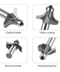 1/2 Inch Shank Corner Round Over Router Bit With Guide Bearing And Premium Carbide Cutter For Smooth Wood Trim and Furniture Edge Profiling Work close-up views of carbide blade, Teflon coating, round chamfer, and attached bearing.