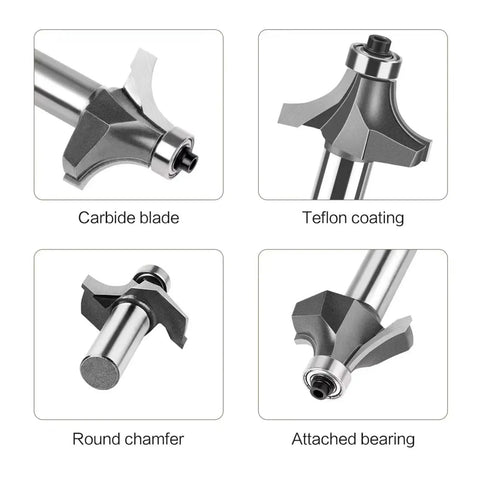1/2 Inch Shank Corner Round Over Router Bit With Guide Bearing And Premium Carbide Cutter For Smooth Wood Trim and Furniture Edge Profiling Work close-up views of carbide blade, Teflon coating, round chamfer, and attached bearing.