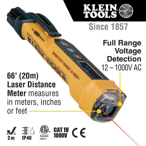 Non Contact Voltage Tester Pen 12 To 1000V AC With Built In Laser Distance Measure LED Alerts And Audible Alarms Pocket Clip For Quick Safe Electrical Checks On Cables Breakers And Outlets, yellow