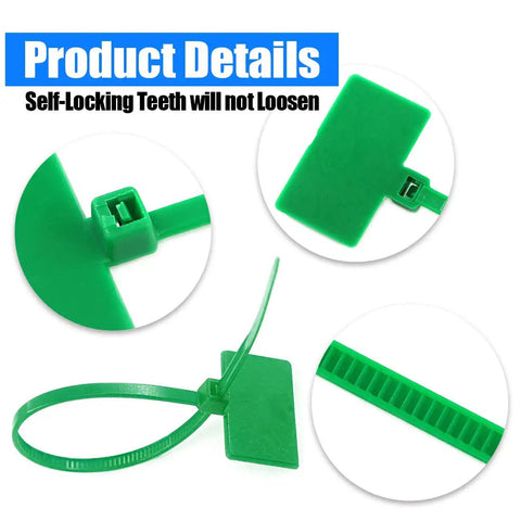 Nylon Cable Marker Ties Set For DIY Pros, 6 inch green self-locking wire tags with detail of teeth and locking mechanism