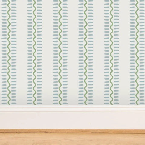 Bang For The Buck Vertical Stripes Vinyl Wallcovering Featuring Subtle Leather Texture, Commercial Grade Heavy Duty Construction, Custom Printed Just For You, Straight Up Stunning Room Refresh with blue and green stripes.