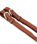 Close-up of Rugged Premium Leather Split Reins For Horses With Stainless Steel Hardware Heavy Oiled Supple Feel Five Eighths Inch By Seven Feet