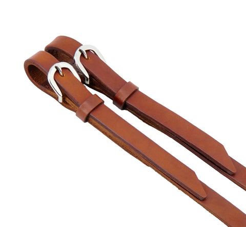 Close-up of Rugged Premium Leather Split Reins For Horses With Stainless Steel Hardware Heavy Oiled Supple Feel Five Eighths Inch By Seven Feet