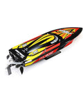 Sonicwake V2 36 Inch Self Righting Brushless RC Boat, Deep-V hull, black with red accents, water-cooled ESC motor, side view.
