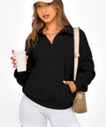 Woman wearing Womens Half Zip Oversized Fleece Hoodie Sweatshirt Black Size M With Soft Inner Fleece For Ultra Cozy Warmth In Spring Fall And Winter