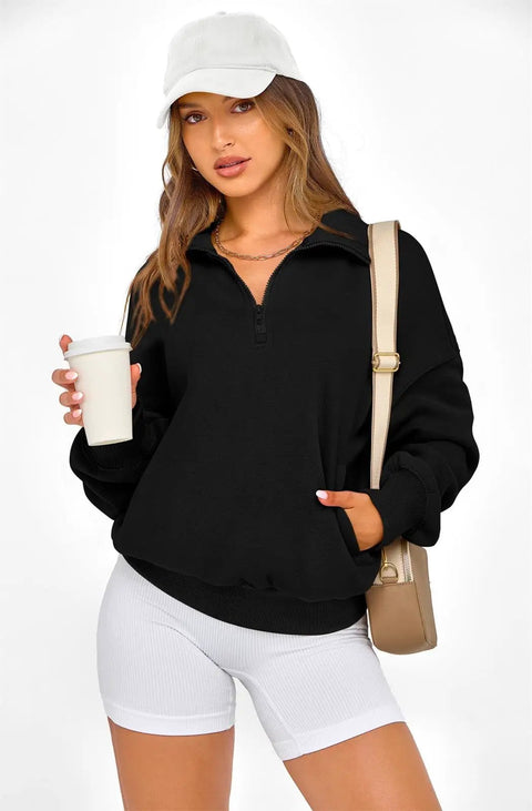 Woman wearing Womens Half Zip Oversized Fleece Hoodie Sweatshirt Black Size M With Soft Inner Fleece For Ultra Cozy Warmth In Spring Fall And Winter