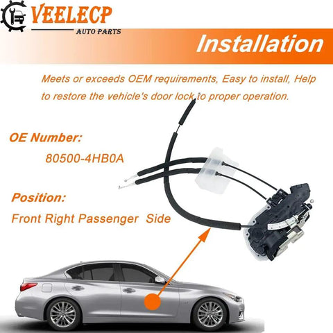 Infiniti Q50 Front Right Door Lock Actuator Replacement Passenger Side Latch Assembly for 2014-2023 displayed with vehicle.