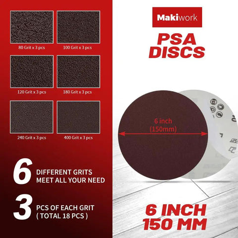 Beefy Pro Grade Sanding Belts And PSA Discs Set showing 6-inch discs in 80-400 grits for wood and metal polishing.
