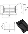 Diagram and image of recessed flush pull handles 4.37 inch set of 2 in zinc alloy black finish for toolboxes, cabinets, boxes, and containers