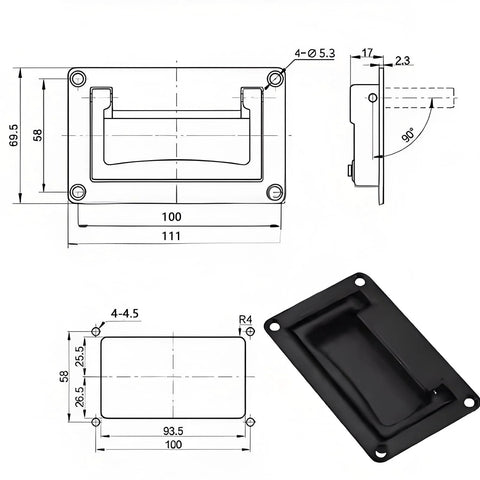 Diagram and image of recessed flush pull handles 4.37 inch set of 2 in zinc alloy black finish for toolboxes, cabinets, boxes, and containers