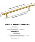 Diagram of brushed gold cabinet pulls 5 pack, 11 inch overall length, 8 inch center to center hole spacing, with screw sizes and dimensions.
