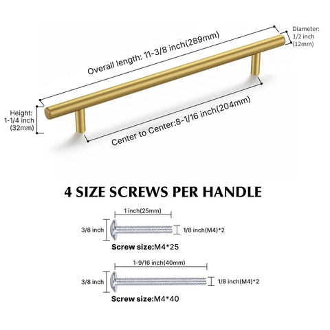 Diagram of brushed gold cabinet pulls 5 pack, 11 inch overall length, 8 inch center to center hole spacing, with screw sizes and dimensions.
