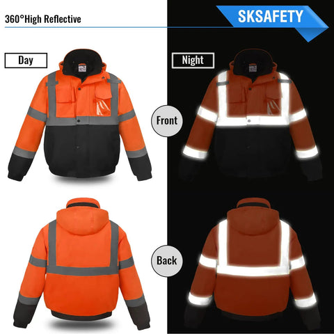 High Visibility Reflective Work Jacket For Men, Waterproof ANSI Class 3 Hi Viz Orange Coat With Pockets, front and back view
