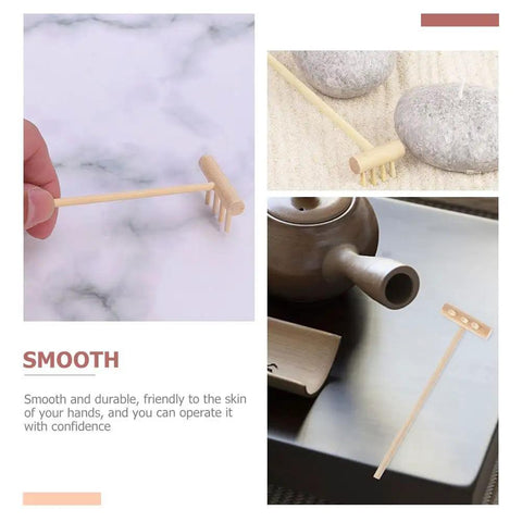 Dope 60 Piece Mini Zen Garden Rake Set for Desk Top Meditation, close-up of khaki rake on marble and stones.