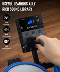 Control panel of Beginner Electric Drum Set Kit With 180 Dope Sounds, showcasing buttons and display with hand adjusting controls.