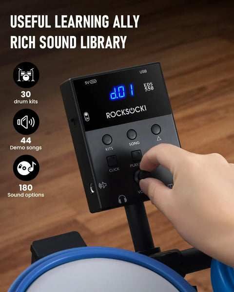 Control panel of Beginner Electric Drum Set Kit With 180 Dope Sounds, showcasing buttons and display with hand adjusting controls.