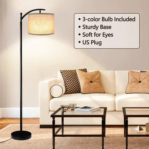 Tall Industrial Floor Lamp With 3 Color Temperatures, 9W LED Bulb Included, Black Finish, Beige Lampshade Included in living room