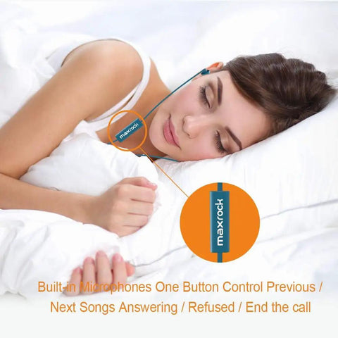 Ultra Soft Sleep Earplugs With Noise Isolation on woman sleeping, lightweight blue silicone, side sleeper friendly, built-in mic visible