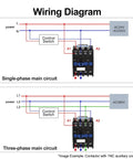 Wiring diagram featuring Three-Pole AC Contactor CJX2-2510 with 110VAC coil for single-phase and three-phase circuits.