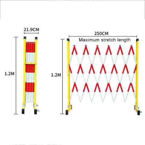 Built Like A Tank Retractable Traffic Barricade Featuring Smooth Glide Pulleys And A Quick Fold Stand For Snatch And Go Crowd Control Fencing Construction Sites, shown in folded and fully extended positions.