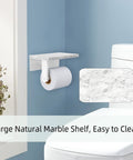 Toilet Paper Holder With Marble Shelf And 304 Stainless Steel Wall Mount For Bathroom White Sleek Modern Look Clean Washroom Vibe Easy Screw Mount Durable Bath Accessory